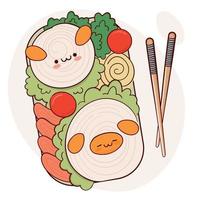 Dibuja una divertida caja bento kawaii para cocinar en casa, preparar comida para llevar, ilustración vectorial. comida tradicional asiática japonesa, cocina, concepto de menú. garabato, caricatura, estilo vector