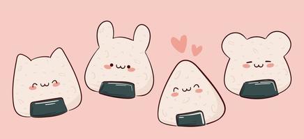 Dibuja graciosas bolas de arroz onigiri japonés kawaii con ilustración de vector de nori. comida asiática japonesa, cocina, concepto de menú. estilo de dibujos animados de fideos.