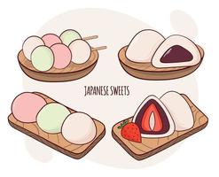 Japan tradition sweets mochi daifuku dango vector illustration. Japanese asian traditional  food, cooking, menu concept. Doodle cartoon style.