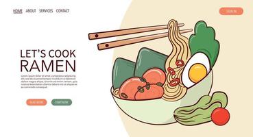 Web Page Draw ramen soup in a bowl vector illustration. Japanese asian traditional food, cooking, menu concept.  Banner, website, advertising in doodle cartoon style..