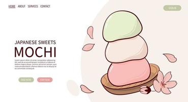 página web dibujar fjapan tradición dulce mochi vector ilustración. comida tradicional asiática japonesa, cocina, concepto de menú. banner, sitio web, publicidad en estilo de dibujos animados de garabatos.