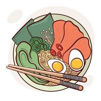 dibujar sopa de ramen en una ilustración de vector de tazón. comida tradicional asiática japonesa, cocina, concepto de menú. estilo de dibujos animados de fideos.