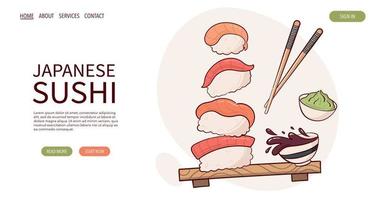 página web dibujar nigiri sushi roll ilustración vectorial. comida tradicional asiática japonesa, cocina, concepto de menú. banner, sitio web, publicidad en estilo de dibujos animados de garabatos.. vector