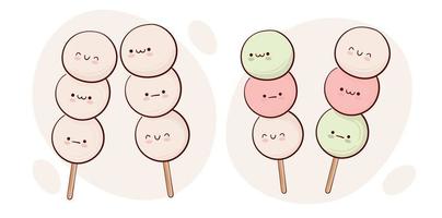 Dibuja la divertida tradición japonesa kawaii dango dulce ilustración vectorial. comida tradicional asiática japonesa, cocina, concepto de menú. estilo de dibujos animados de fideos. vector