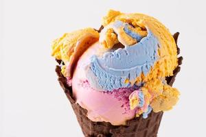 Colorful ice cream in waffle cone photo