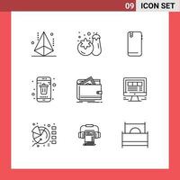 Mobile Interface Outline Set of 9 Pictograms of smartphone delete phone contact back Editable Vector Design Elements