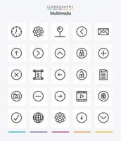 Creative Multimedia 25 OutLine icon pack  Such As envelope. multimedia. pin. media player. back vector