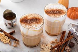 Pumpkin spice latte topped with milk foam and dusted with cinnamon photo