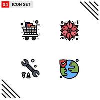 Set of 4 Vector Filledline Flat Colors on Grid for cart wrench shopping flower tool Editable Vector Design Elements