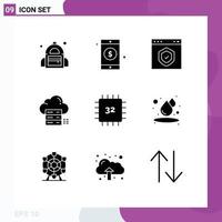 9 Thematic Vector Solid Glyphs and Editable Symbols of computers share interface cloud online Editable Vector Design Elements