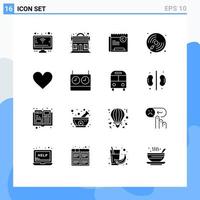 User Interface Pack of 16 Basic Solid Glyphs of love player copyright music disc Editable Vector Design Elements