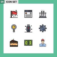9 User Interface Filledline Flat Color Pack of modern Signs and Symbols of search magnifier menu find tube Editable Vector Design Elements