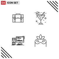 Mobile Interface Line Set of 4 Pictograms of briefcase sparkling water documents suitcase computer Editable Vector Design Elements