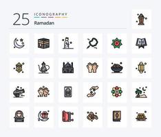 Ramadan 25 Line Filled icon pack including praying. bead. mecca. prayer. muslim vector