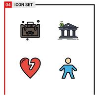 4 User Interface Filledline Flat Color Pack of modern Signs and Symbols of briefcase heart attack travel banking love Editable Vector Design Elements