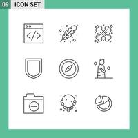 Pack of 9 Modern Outlines Signs and Symbols for Web Print Media such as islam location health compass security Editable Vector Design Elements