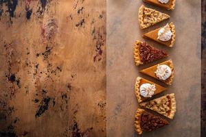 Traditional fall Thanksgiving pie slices, pumpkin and pecan pie photo