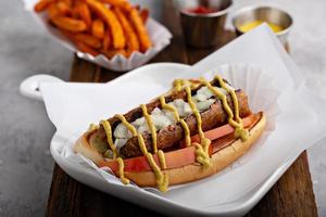 Vegan hot dog with meatless sausage photo