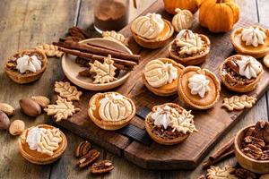 Mini pumpkin and pecan pies baked in muffin tin photo