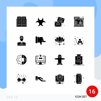 Pack of 16 Modern Solid Glyphs Signs and Symbols for Web Print Media such as engineer option email gear browser Editable Vector Design Elements