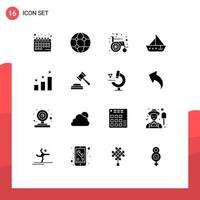 Mobile Interface Solid Glyph Set of 16 Pictograms of position yacht medical vehicles sail Editable Vector Design Elements