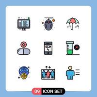 Pack of 9 Modern Filledline Flat Colors Signs and Symbols for Web Print Media such as charge sign umbrella pills drug Editable Vector Design Elements