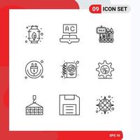 Group of 9 Outlines Signs and Symbols for iot internet fence plug garden Editable Vector Design Elements