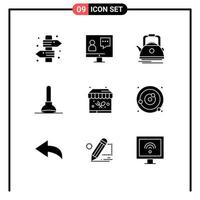 Set of 9 Commercial Solid Glyphs pack for tool plunger online pot teapot Editable Vector Design Elements