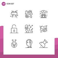 Pack of 9 creative Outlines of microphone unlock doctor security padlock Editable Vector Design Elements