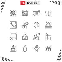 Modern Set of 16 Outlines Pictograph of route gps display mind brain Editable Vector Design Elements