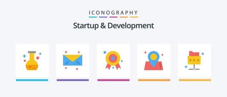 Startup And Develepment Flat 5 Icon Pack Including folder. network. award badge. world. map. Creative Icons Design vector