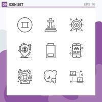 Modern Set of 9 Outlines Pictograph of low battery office transfer money Editable Vector Design Elements