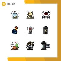 9 Thematic Vector Filledline Flat Colors and Editable Symbols of lighthouse map algorithm location park Editable Vector Design Elements