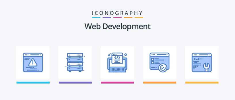 paquete de iconos azul 5 de desarrollo web que incluye página web. web. código. pruebas. desarrollo. diseño de iconos creativos vector