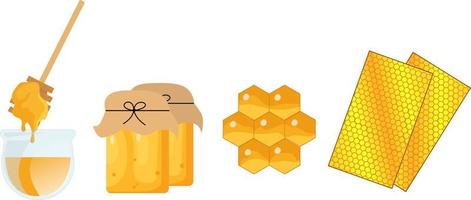 honey set, honeycomb from bee, honey jam in the jar, wax and spoon vector illustration, icon and symbol concept