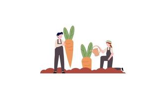 Tiny farmer and selling fresh farm vegetables to buyer illustration concept vector