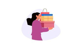 gran venta con niña sosteniendo cajas ilustración vector