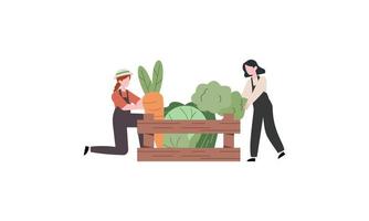 Tiny farmer and selling fresh farm vegetables to buyer illustration concept vector