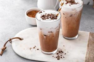 Cold or iced chocolate drink with milk foam, refreshing drink