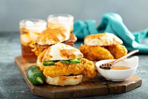 Breakfast biscuit sandwiches with fried chicken photo