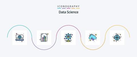 La línea de ciencia de datos llenó el paquete de iconos Flat 5 que incluye microchip. grandes datos engranaje. almacenamiento. nube vector