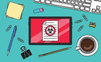 Vector illustration of a tablet located on an office desk. The tablet screen displays a document with biohazard sign on it. Hand-drawn vector graphics.