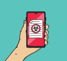 A hand holding a phone with document that have biohazard sign. Hand-drawn vector graphics.