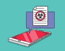 Graphic showing a phone with a cloud and document with biohazard sign on it.  Color vector illustration in cartoon style with black outline. Hand-drawn vector graphics.