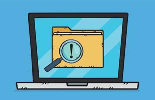 laptop including folder and with magnifying glass and exclamation mark.  Hand-drawn vector illustration.