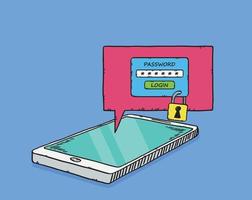 A hand-drawn illustration showing a cellphone with blocked access. Access is protected by the password needed to open it. vector