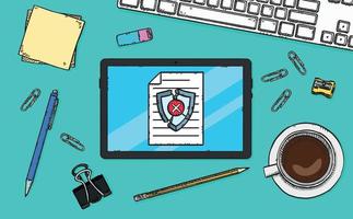 Vector illustration of a tablet placed on a desk. The tablet screen displays a document with a cracked antivirus shield. The shield has a red x symbol. Hand-drawn vector graphic.