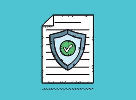 Vector illustration of an antivirus shield document. The green checkmark indicates successful protection of the document.