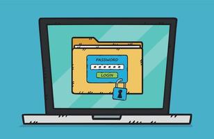 Graphic of a laptop on the screen of which displays a folder with files protected by a padlock and a login. To log in you need to enter a password. Hand drawn vector illustration.