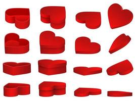 set of isolated heart shaped boxes. valentine's day open and closed boxes in different sides vector